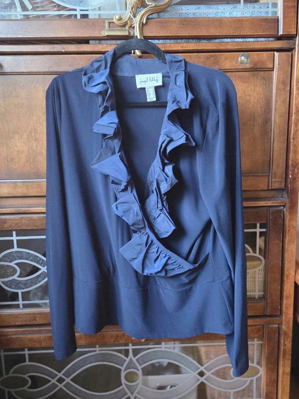 Exquisite Joseph Ribkoff Navy Ruffle Faux Wrap Top - Picture 1 of 7